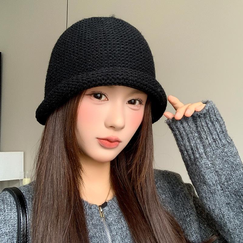 Korean style Chunky Knitted Fisherman's Hat Women's Autumn and Winter Warm Ear Protecting Woolen Hat Big Head Scarf To Show Off Face Small Basin Hat