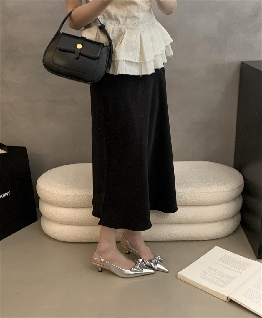 

Satin sandals women s 2025 new temperament pointed thin heel bow high heel sandals 39 серебряный