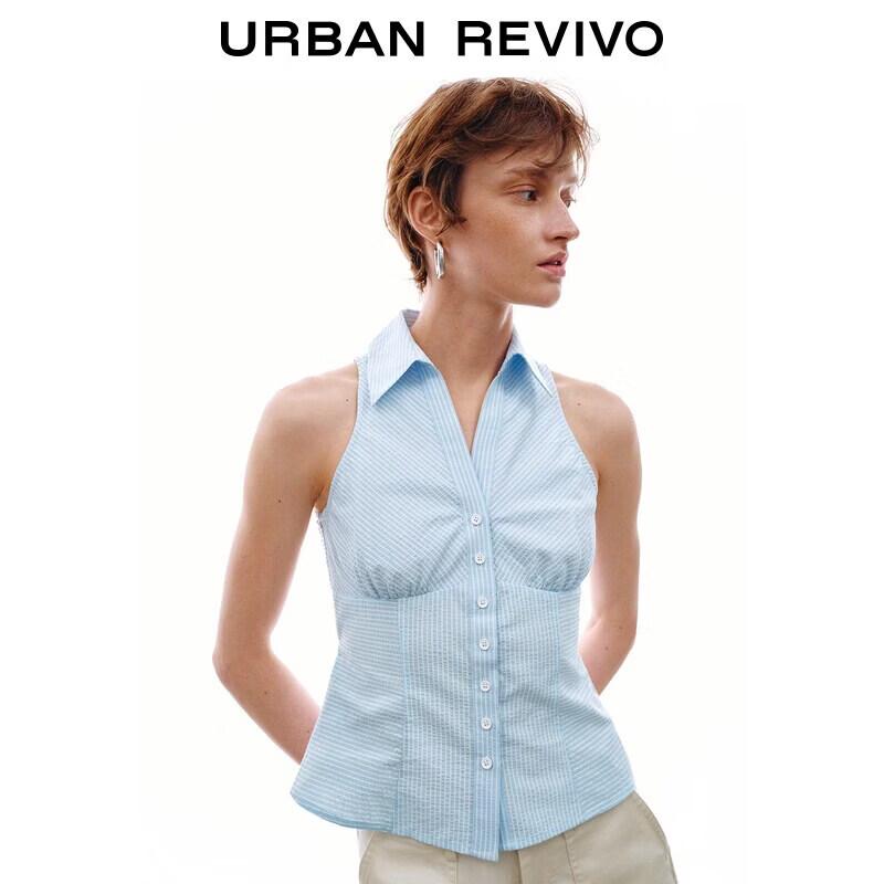 UR2026 Women s Casual Striped Sleeveless Tie-Waist Lapel Shirt S