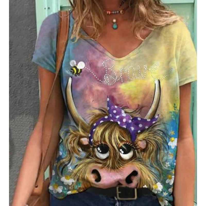 

Женская футболка с коротким рукавом, позиционная 3D цифровая печать, V-образный вырез, короткий рукав, женская футболка с бабочкой и цветком L