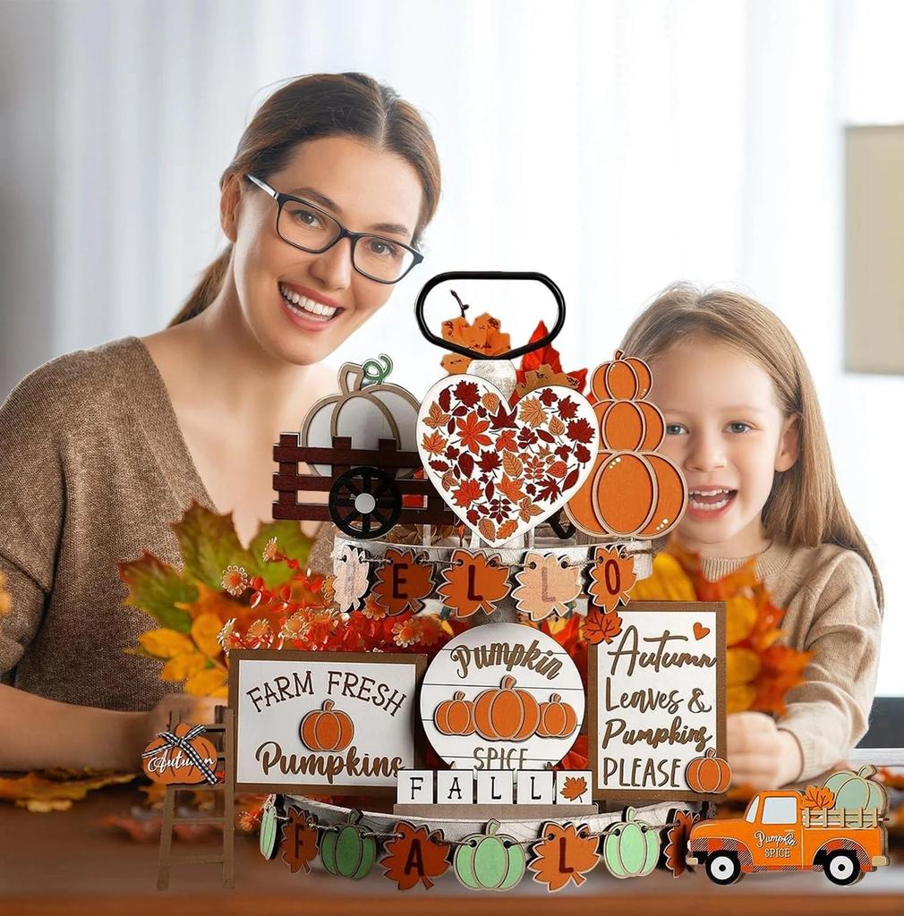 23 Piece Layered Tray Decoration Set Thanksgiving Pumpkin Maple Leaf Truck Decoration