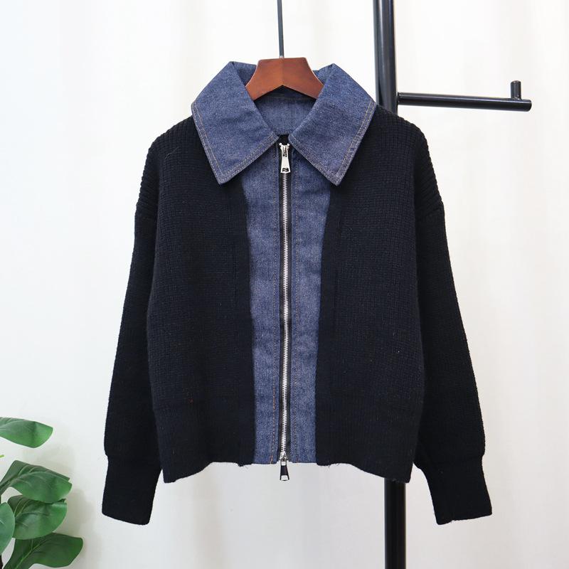 

Осень и зима новый сращенный деним двойная молния вязаный кардиган короткий дизайн свободный свитер куртка женская One size чёрный