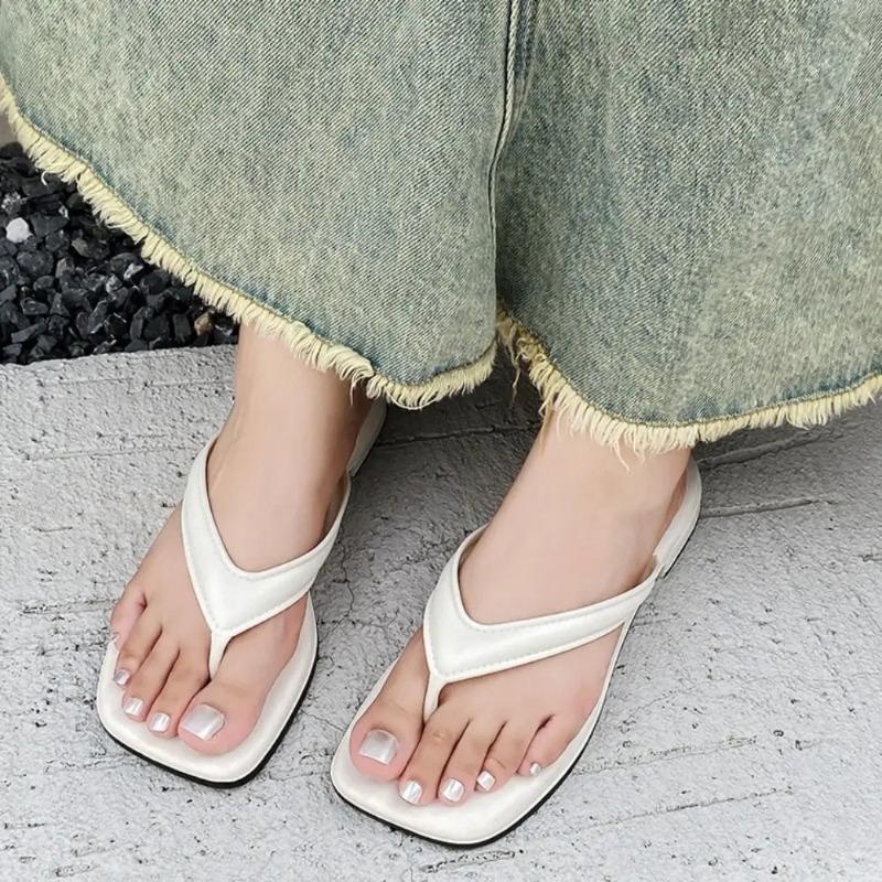 Solid Color Square Toe Flip Flops for Women Soft Non Slip Sole Casual Summer Sandals Indoor Outdoor Beach Pool Slippers