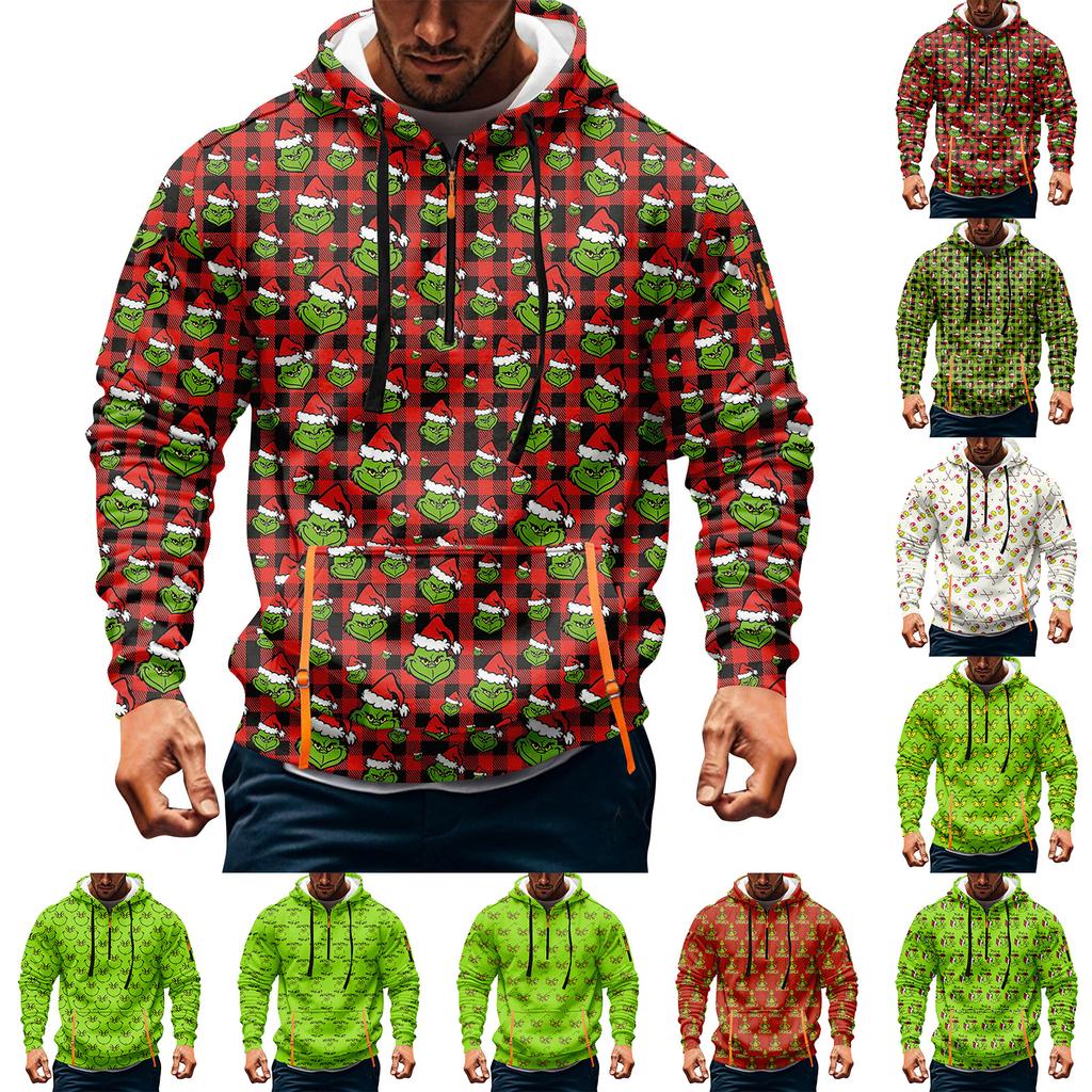 Men's Christmas Print Hooded Half-Zip Casual Sports Sweatshirt