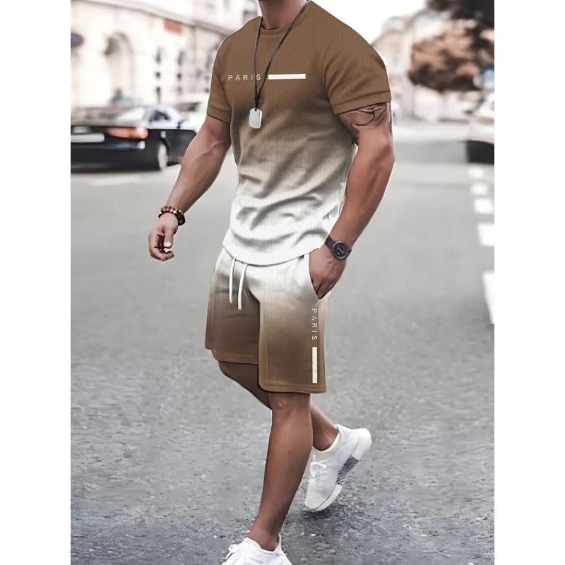 Ensemble Sportif Deux Pièces Imprimé 3D pour Homme T-shirt à Col Rond Couleur Dégradée Hauts à Manches Courtes Shorts Décontractés Fitness