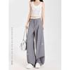 Women's Gray High Waist Wide-Leg Pants with Bow Embroidery