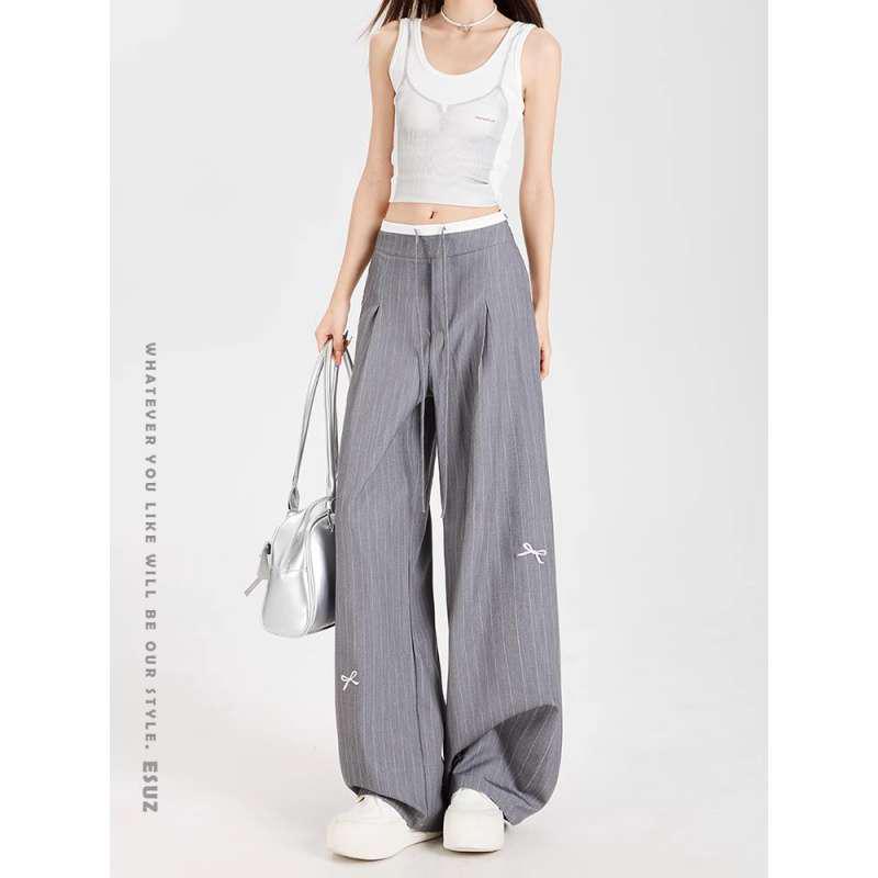 Women s Gray High Waist Wide-Leg Pants with Bow Embroidery M