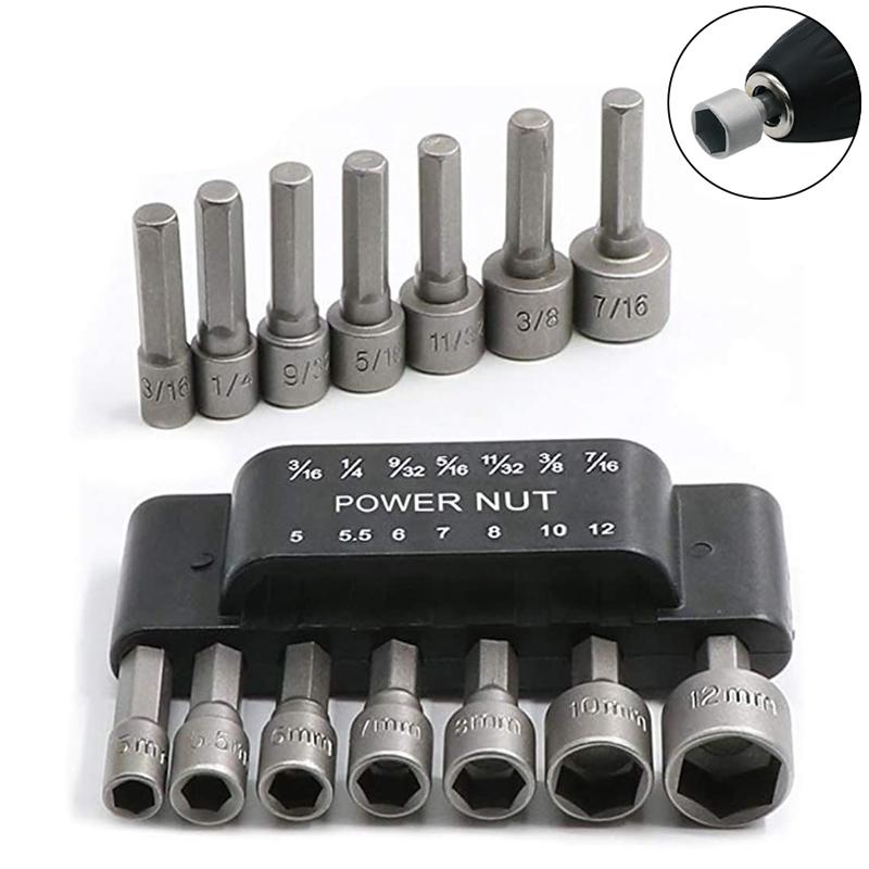 

14pcs 5mm-12mm Power Nut Driver Drill Bit Set 1/4” Hex Nut Socket Adapter for Repairing Tool Kit Electric Screwdriver Hand Drill