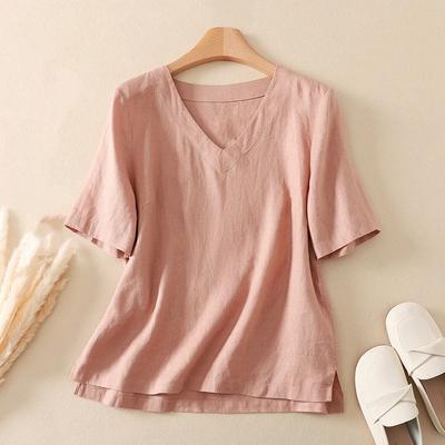 Women V Neck Side Slit Short Sleeve 100% Linen Solid Blouse