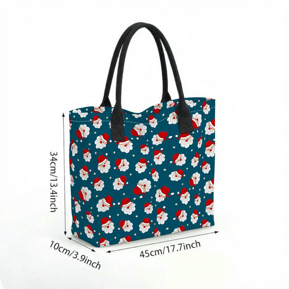 Christmas Santa Printed Canvas Tote Bag Large Capacity Casual Shoulder Handbag for Daily Use