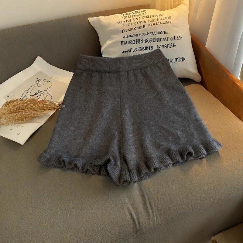 Women s Petite High-Waisted Knit Wide-Leg Ruffle Shorts for Autumn/Winter One Size темно-серого
