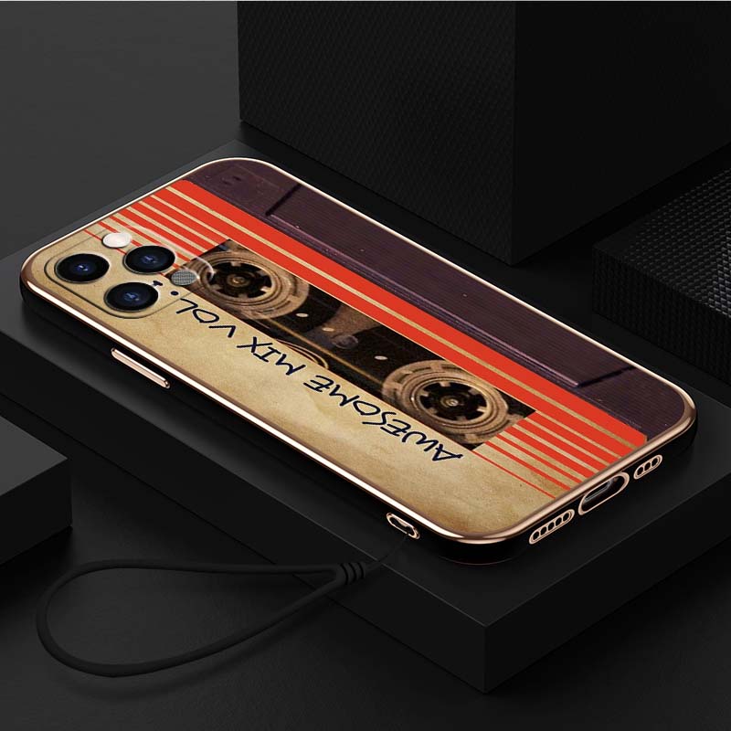 Luxury Plated TPU Phone Case With Lanyard for iPhone 6 6s 7 8 Plus XR XS 11 12 13 14 15 Pro Max Soft Cases A19 Original Retro Cassette Tape Art Cover