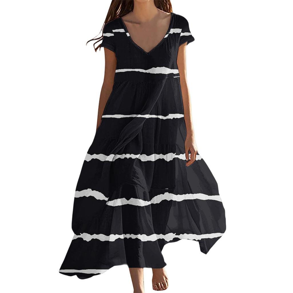 Women's Summer Fashion V-Neck Beach Long Short Sleeve Striped Geometric Print Dresses