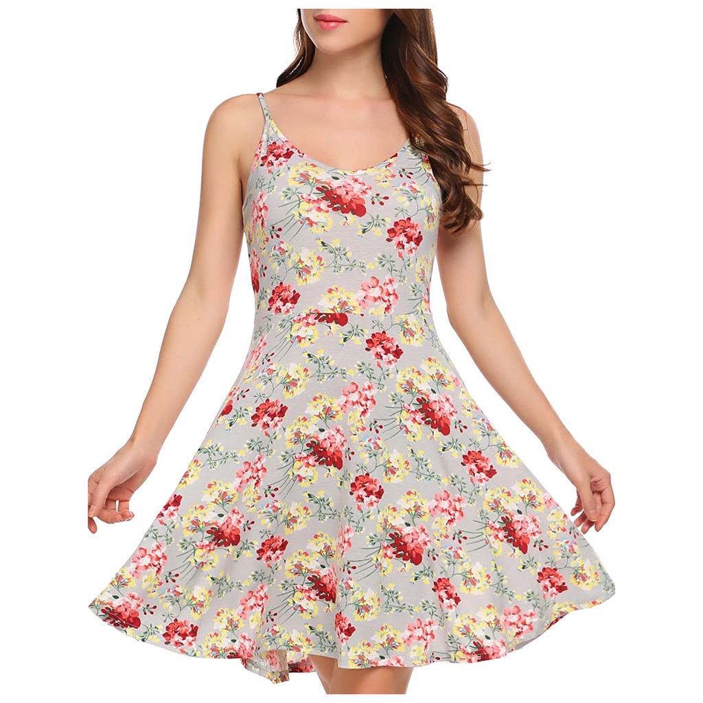 Women's Fashion Casual Sleeveless Shoulder Strap Flower Flared Dress