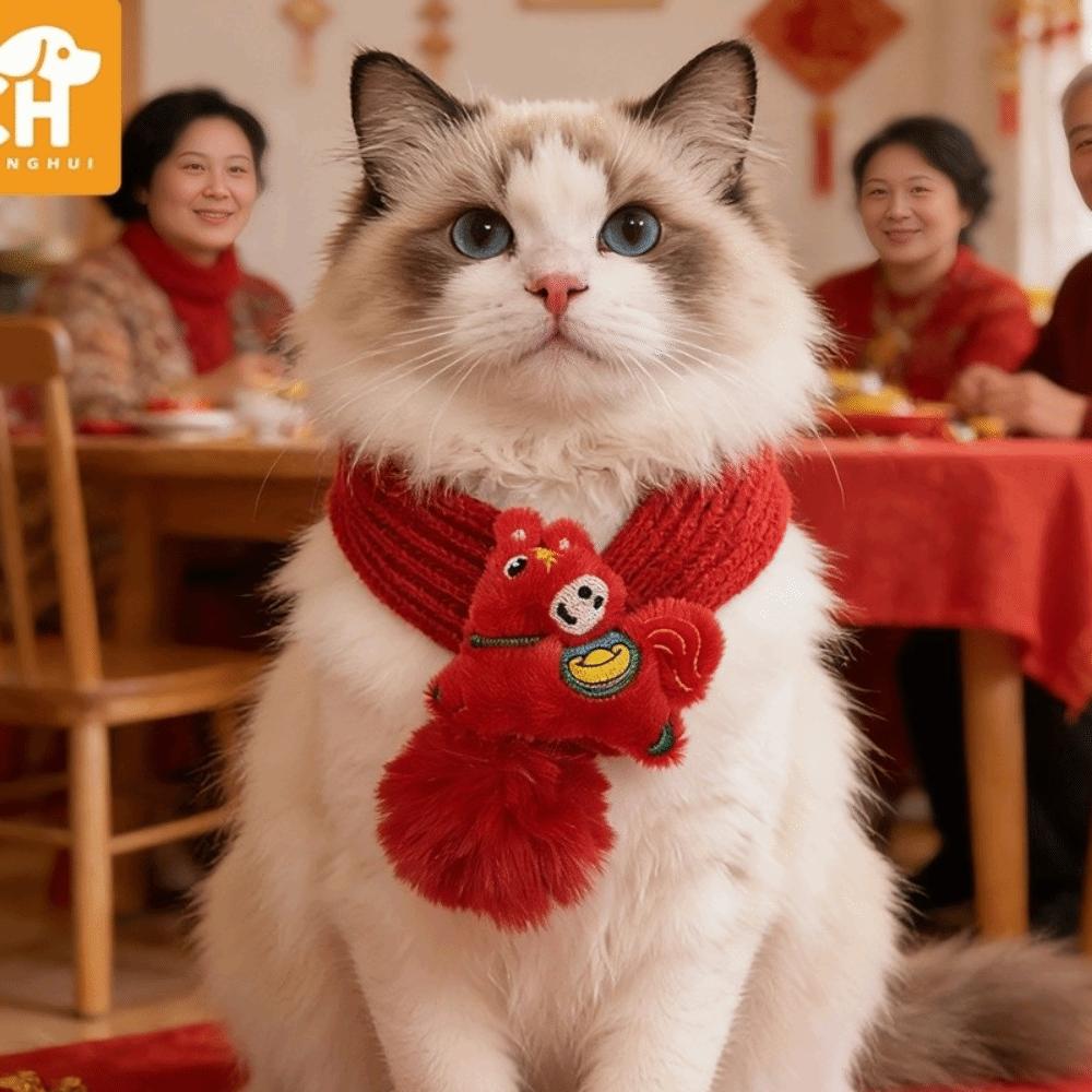 

Red Color Pet Scarf Small Size Lucky Design Dog Scarf Cross Pattern Yuanbao Pattern Dress Up Accessories Horse Year