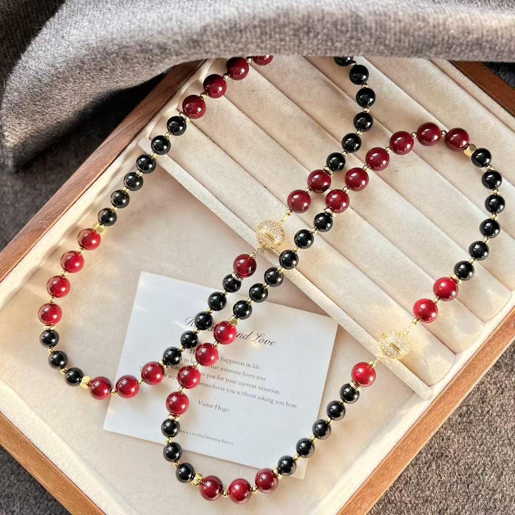 Vintage Ankara Red Artificial Crystal Pearl Natural Black Agate Collarbone Chain Necklace