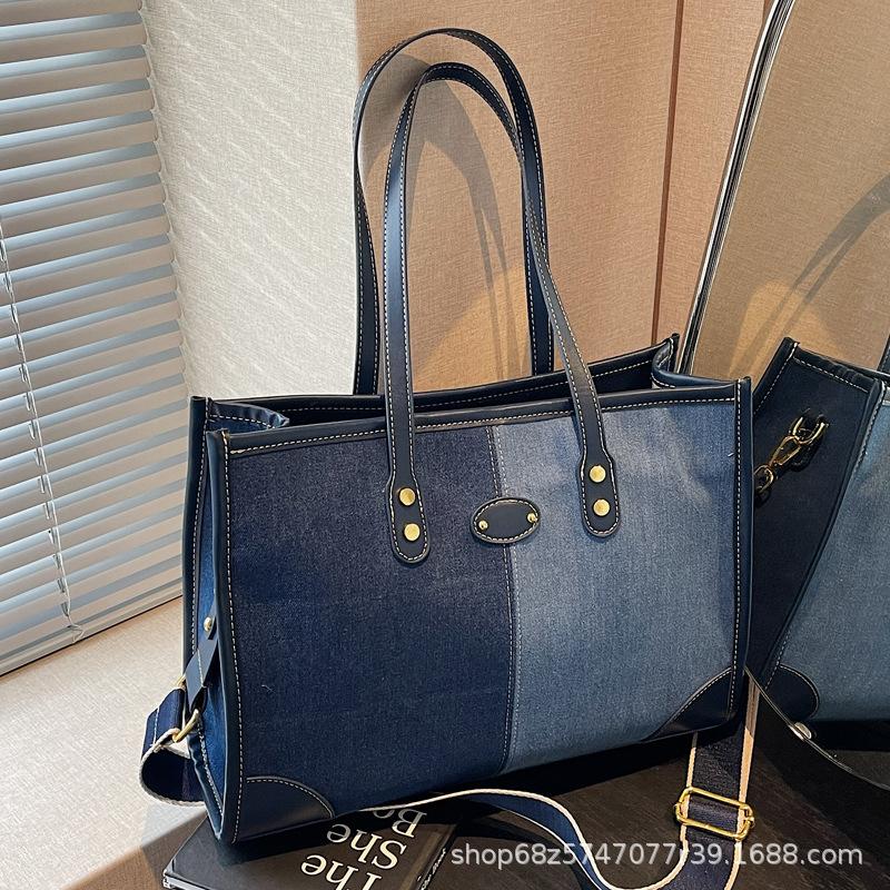 Fashion Color-blocking Tote Large Bag Women's 2025 New Casual Denim Commuter Bag Large-capacity Versatile Crossbody Bag