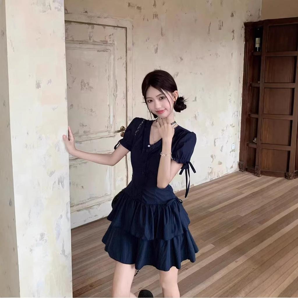 Retro Bubble Sleeve Dress Women's Summer Bow Waist A-shaped Skirt Cake Skirt Is Especially Beautiful Waist Pinched Small Skirt