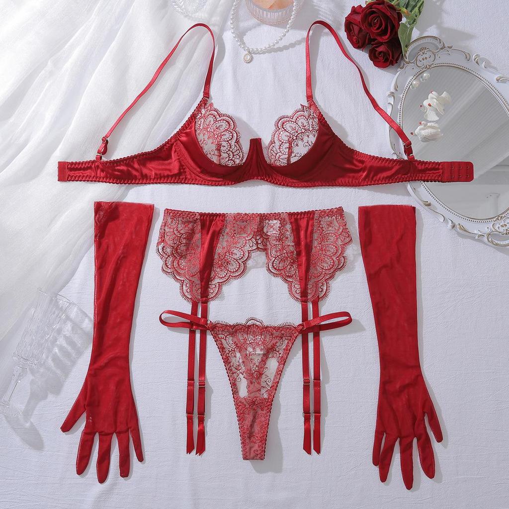 European-American Ultra-Thin Embroidered Floral Lace Lingerie Set with Gloves & Thong