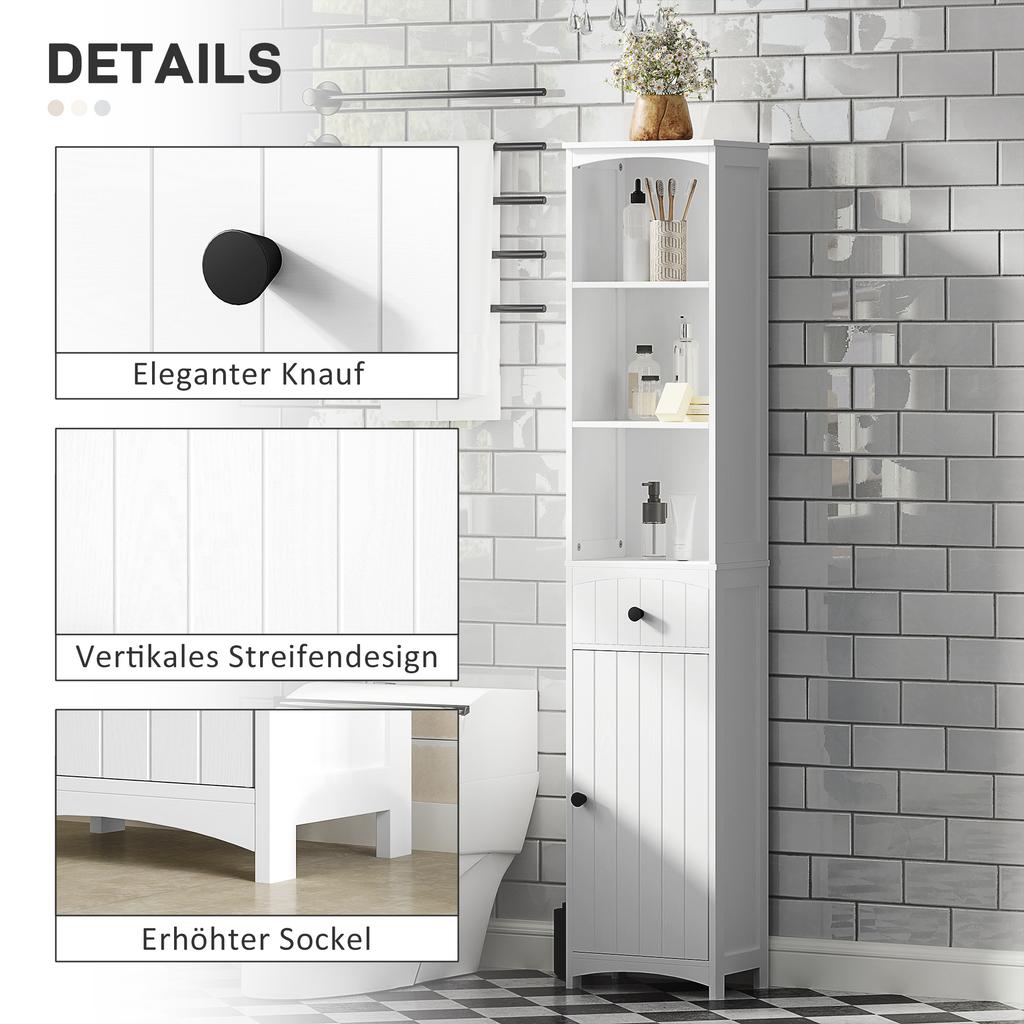 Badezimmerschrank mit 3 Regalen, 1 Schublade, stabil, MDF, weiß
