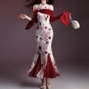 New Chinese Style Vintage Improved Cheongsam Halter Velvet Printed Dress Women Mermaid Bodycon Long