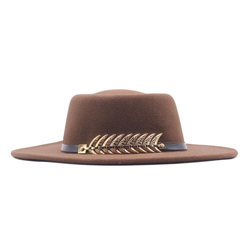 Autumn and winter new women's flat top wide brimmed hat imitation wool top hat felt hat fishbone metal buckle concave shape multi-color