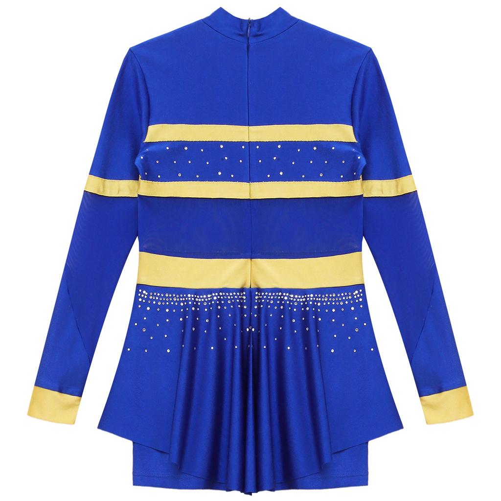 Girls One-Piece Cheerleading Costume: Long Sleeve Mesh Patchwork Shiny Diamonds Jumpsuit for Dance Gymnastic Performance
