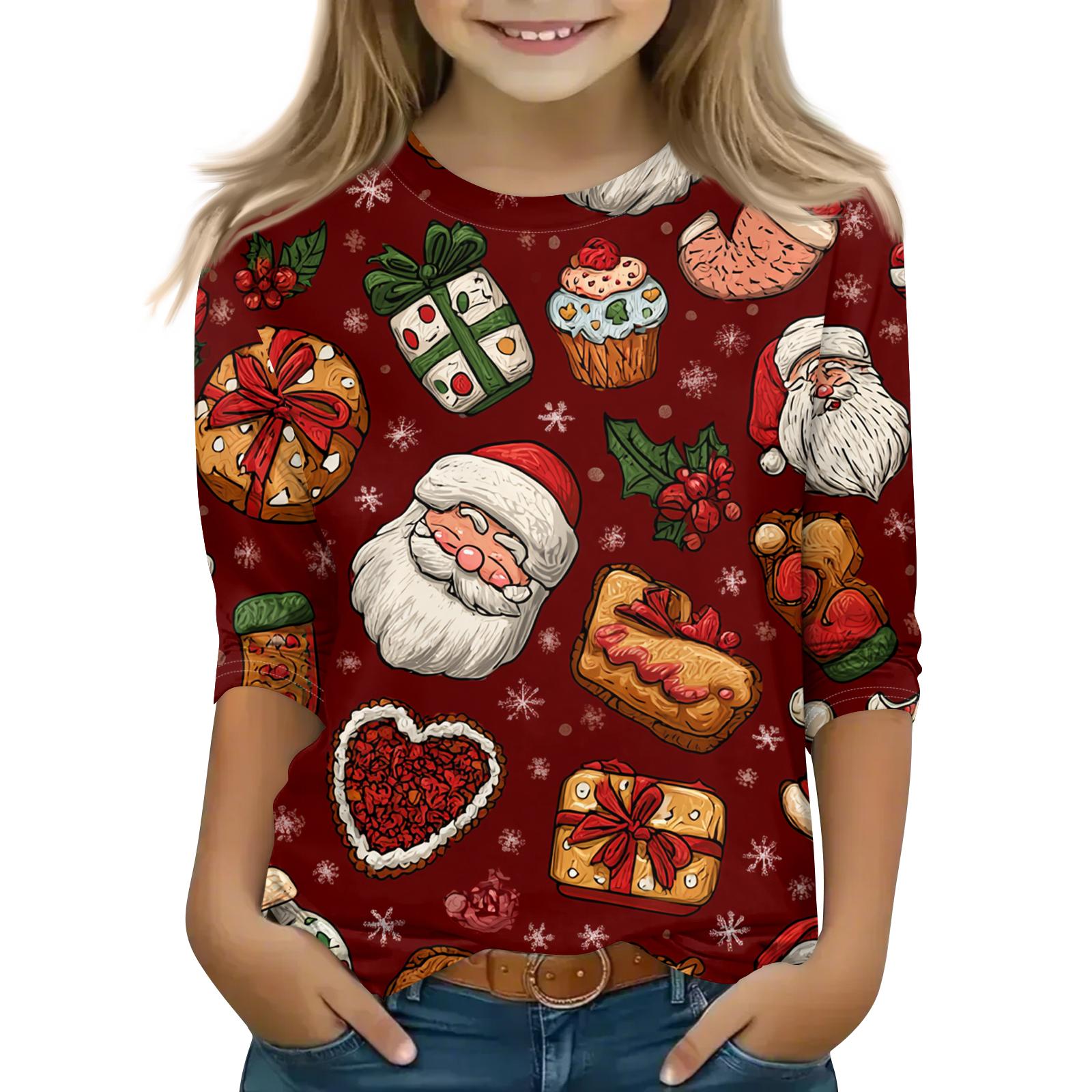 

Children s 3/4 Sleeve Round Neck Top Christmas Tree Printed Everyday Casual Top 150 винный