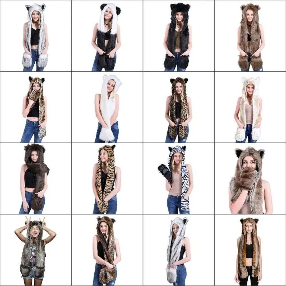 Warm Winter Cap 3 in1 Plush Hooded Windproof Animal Hat Unisex