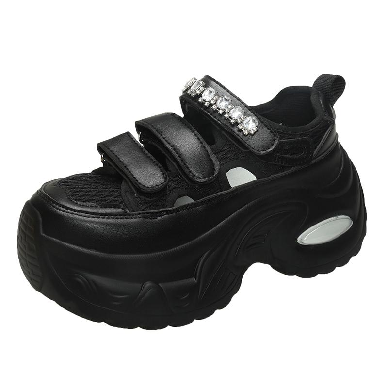 Fashion 6.5CM Breathable Hollow Leather Women Sandals Vulcanized Mesh Chunky Platform Crystal Shoes High Heels Casual Summer Sneakers