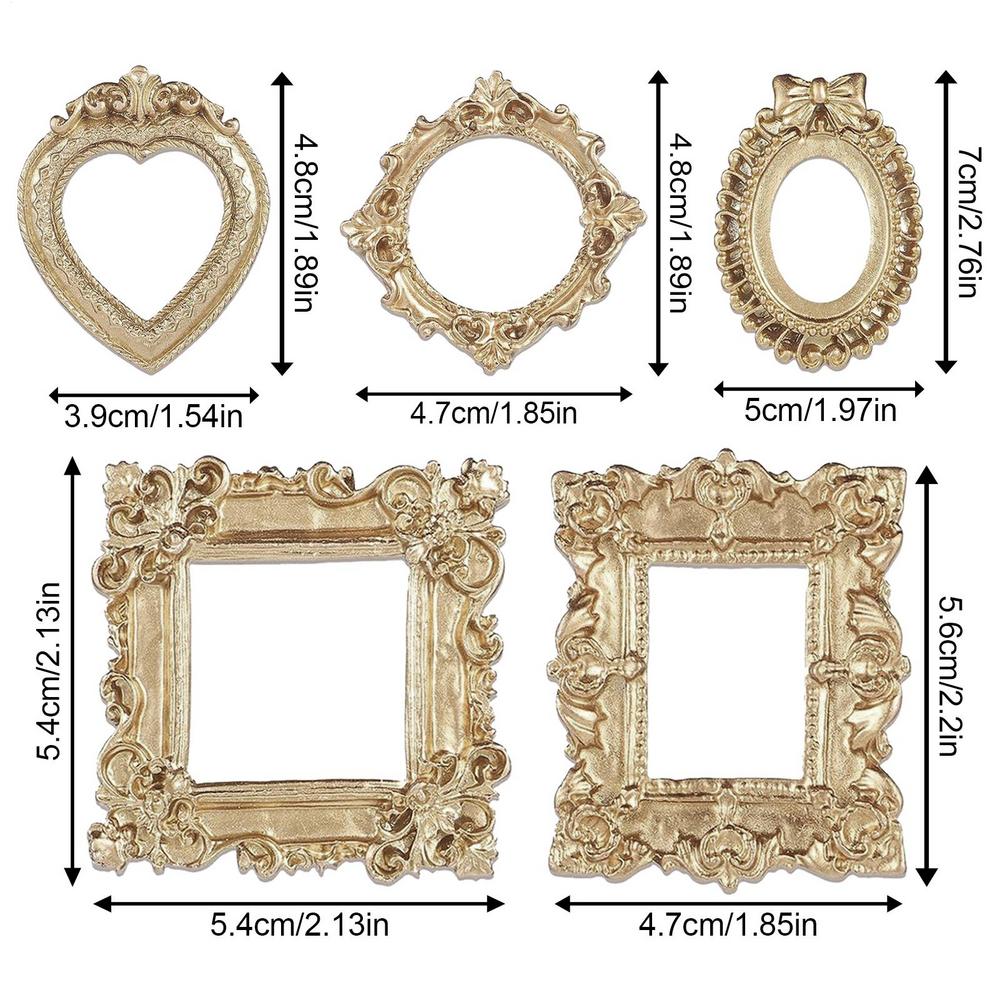 Vintage Mini Photo Frames, 5pcs Small Antique Gold Resin Photo Frames, Miniature Desktop Decorations Wall Mount Photo Frames