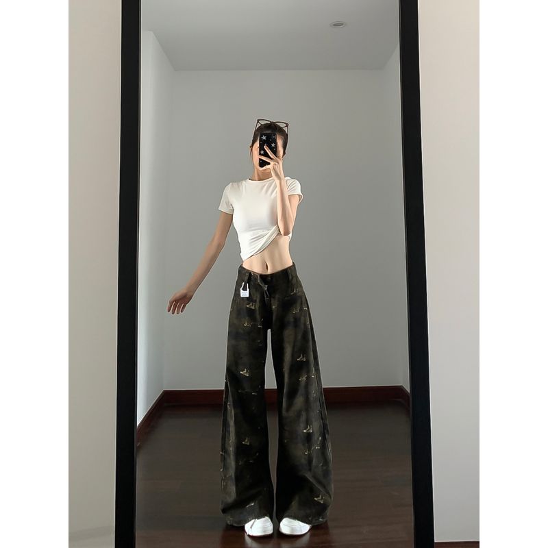 

American High Street Camouflage Denim Female Popular Little Man High Waist Slimming Sense of Design Niche Style Wide-Leg Pants This Year Fan Color pants recommend height 155-165cm XL