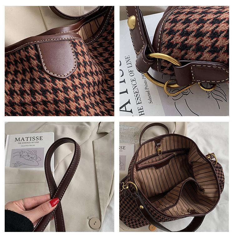 Ielgy Large Capacity Houndstooth Ladies Bucket Bag Commuter Shoulder Messenger Tote Bag