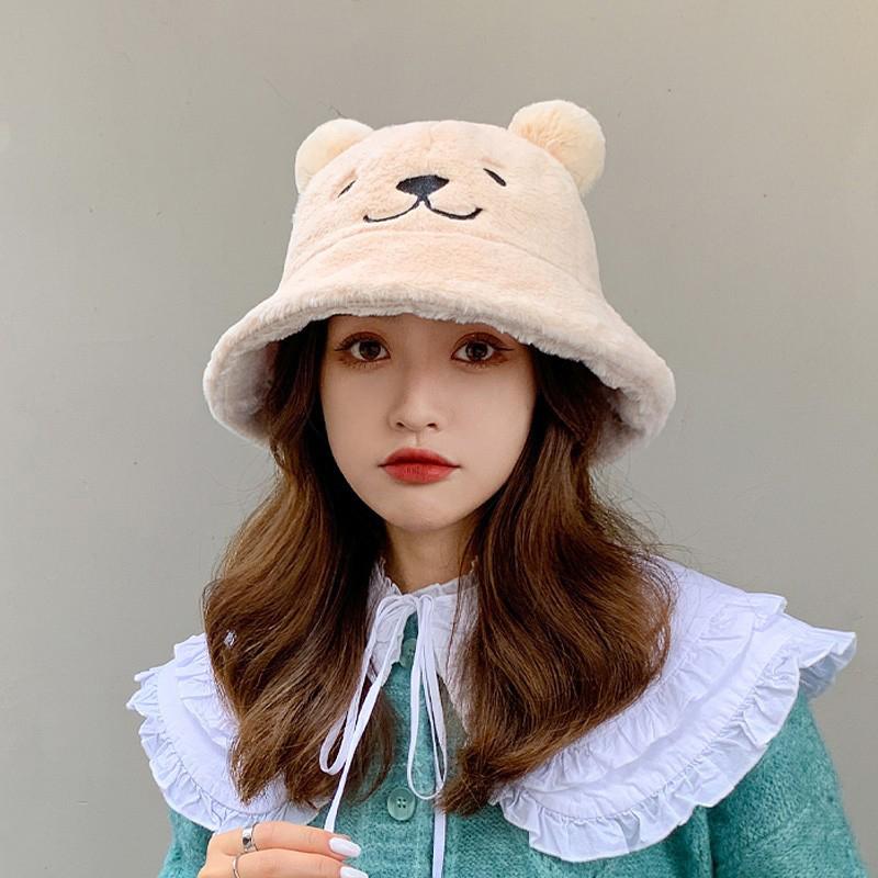 Autumn And Winter Fisherman Hat Women'S Bear Ears Plush Hat Korean Version Cute Soft Warm Plus Velvet Thickened Basin Hat