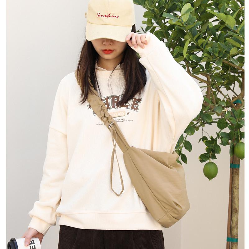 IELGY Japanese Casual Literary Canvas Bag, Fashionable Drawstring Shoulder Pleated Nylon Messenger Bag