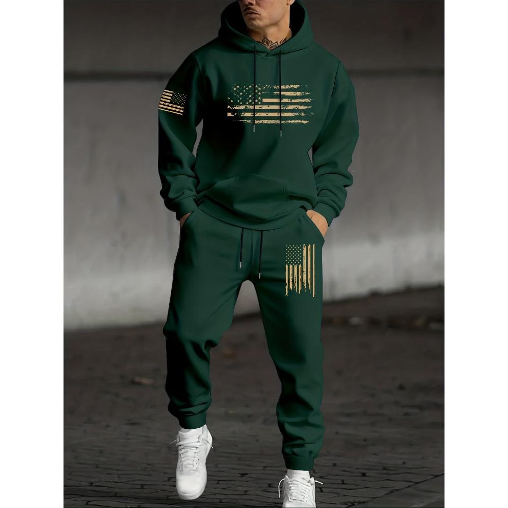 

Fashionable Men s Casual Suit with Flag Pattern Printed Drawstring Hoodie and Drawstring Sports Pants Set, Suitable for Outdoor Travel XXL