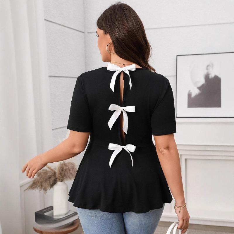 Women's New Black Round Neck Short Sleeve Bow Lace Up Top