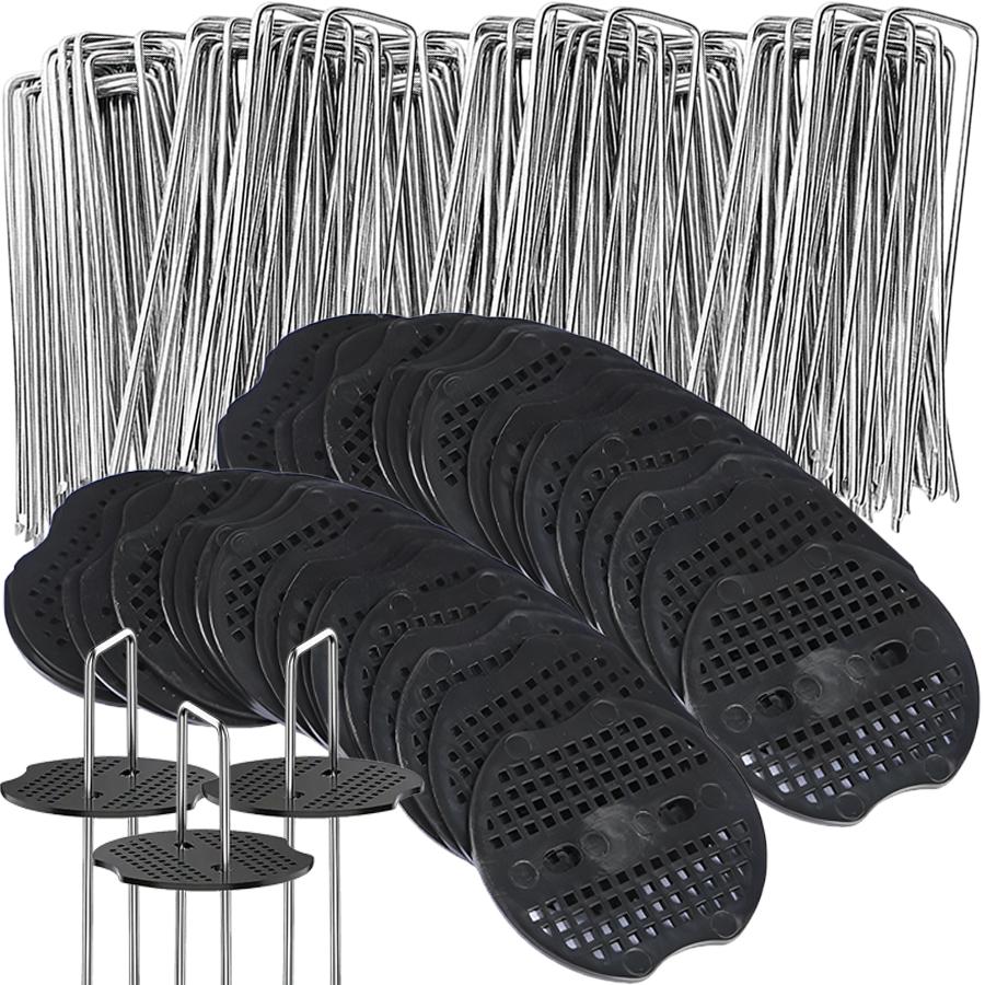20Pcs U-Shaped Garden Stakes & 20Pcs 3-Hole Washers Turf Nails for Securing Weed Tents & Lawn Turf Outdoor Landscaping Anchors