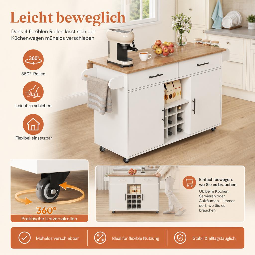 Kücheninsel mit klappbarer Arbeitsplatte, Rollwagen, 2 Schubladen, Wein- und Gewürzregal, Handtuchhalter, Platzsparendes Design für Küche & Esszimmer
