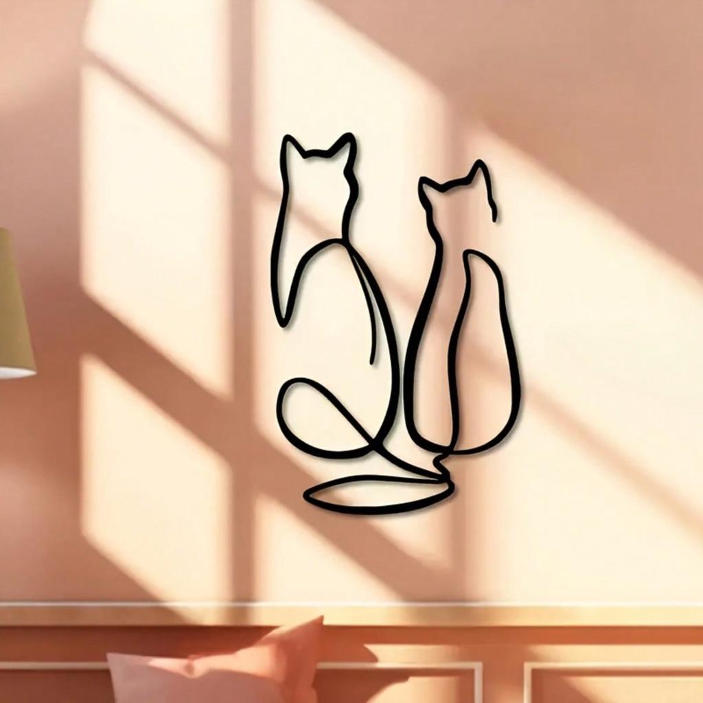 Simple Lines Art Metal Wall Decor Geometric Animal Cat Love Theme Mural