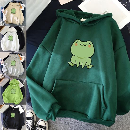 Unisex Hoodie Solid Color Frog Pattern Autumn Winter Korean Style Warm Sweatshirt for Daily Wear