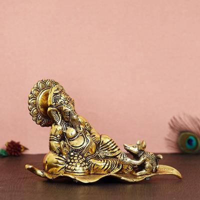 Golden Resting Ganesha with Mushak Metal Decorative Showpiece,  Religious