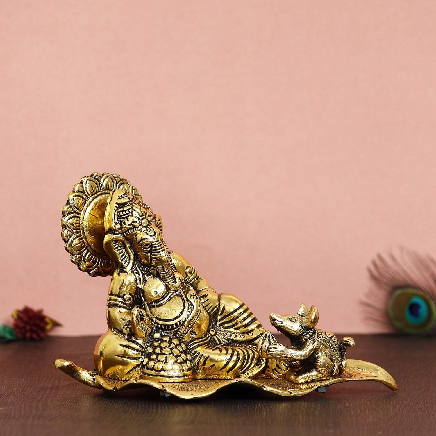 

Golden Resting Ganesha with Mushak Metal Decorative Showpiece, Religious