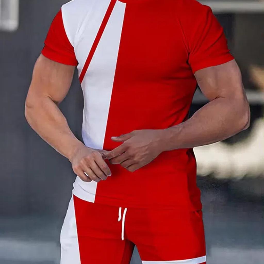 Set Tricou și Pantaloni Scurți Bărbați Casual Fashion 2 Piese cu Imprimeu Patchwork, Trening de Antrenament, Seturi Sport de Vară