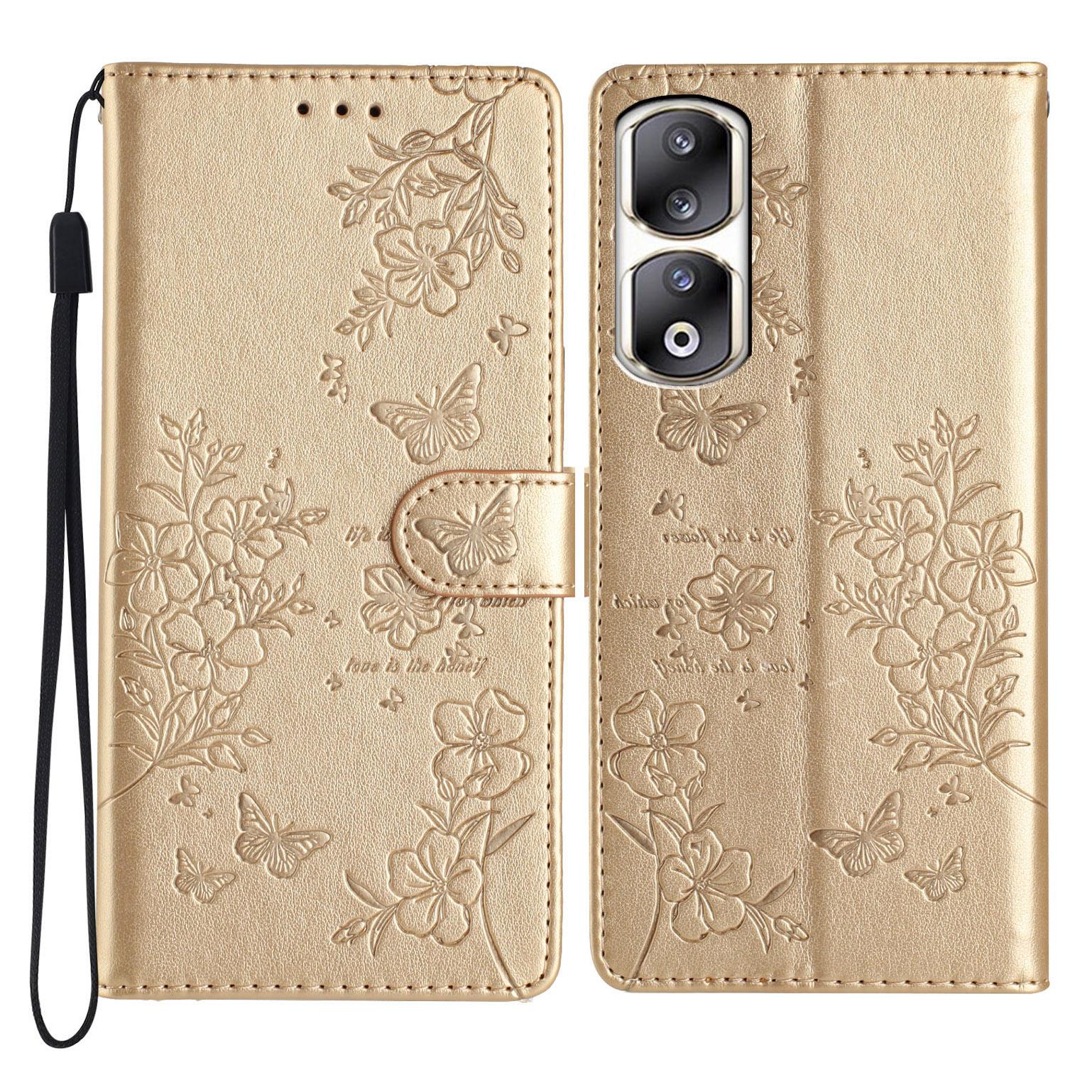

For Honor 90 Pro Shockproof Case Butterfly Floral Imprint Leather Phone Cover with Stand B