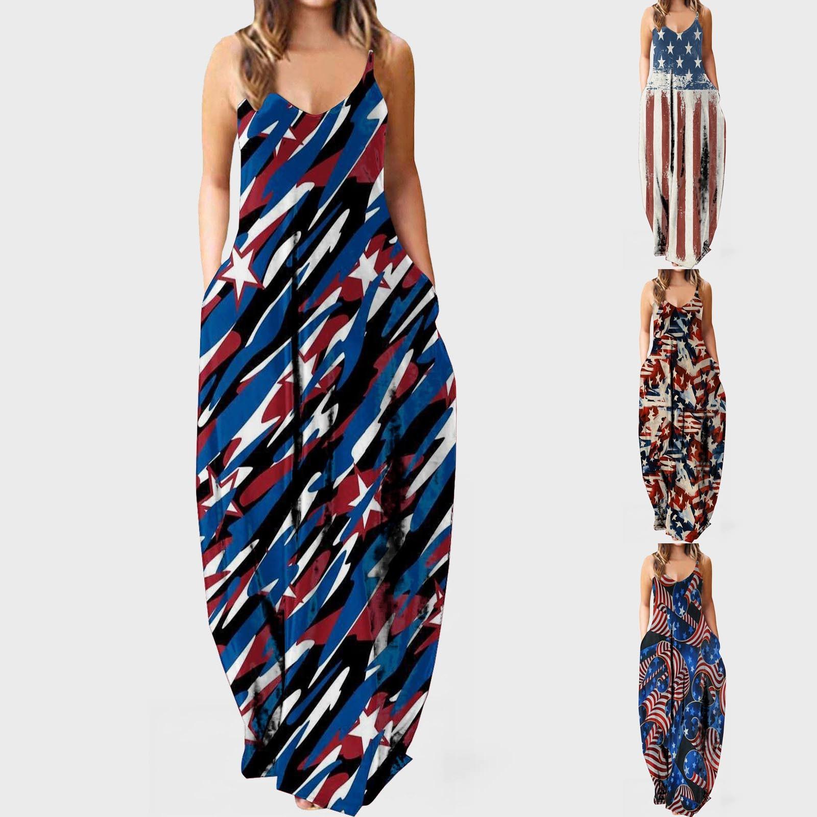 

Женское модное длинное платье без рукавов с принтом на День независимости