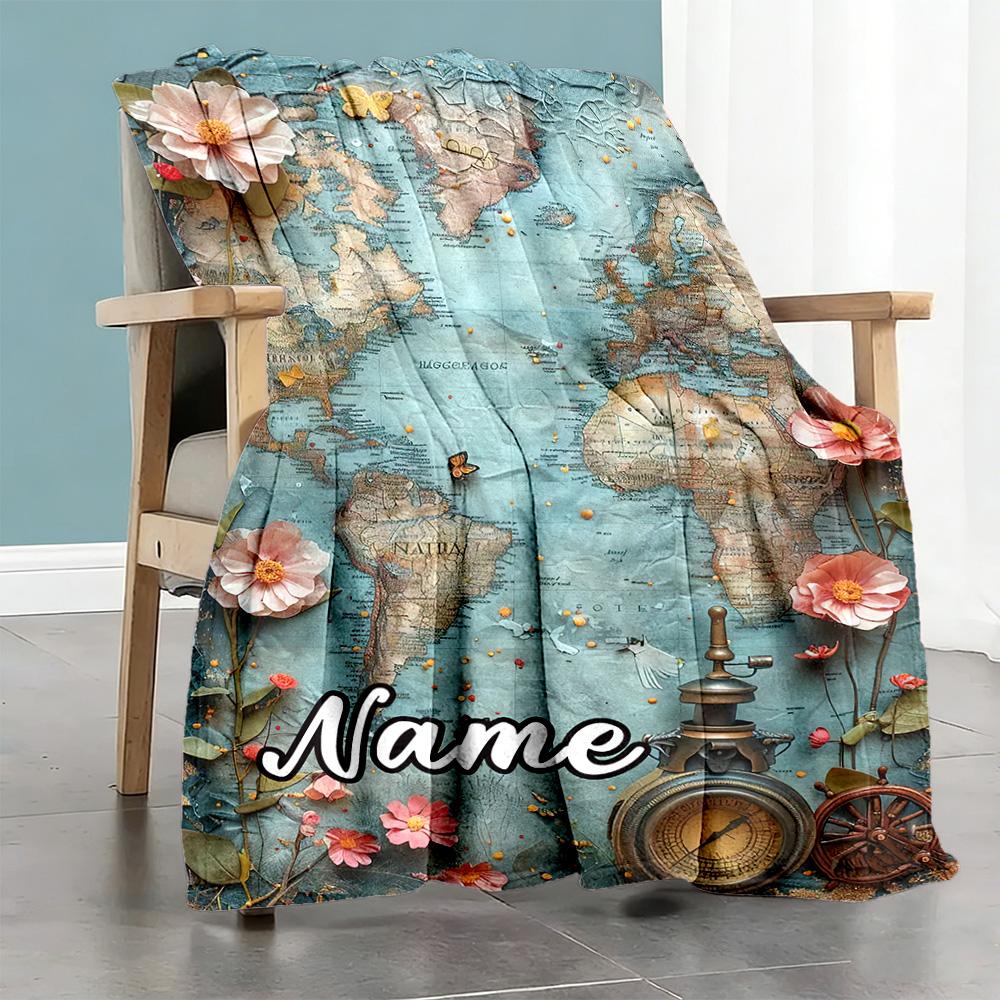 Vintage Map Customize Your Name Blanket Lightweight Customizable Blanket Ultra-Soft Versatile for Office Seaside Living Room Picnics