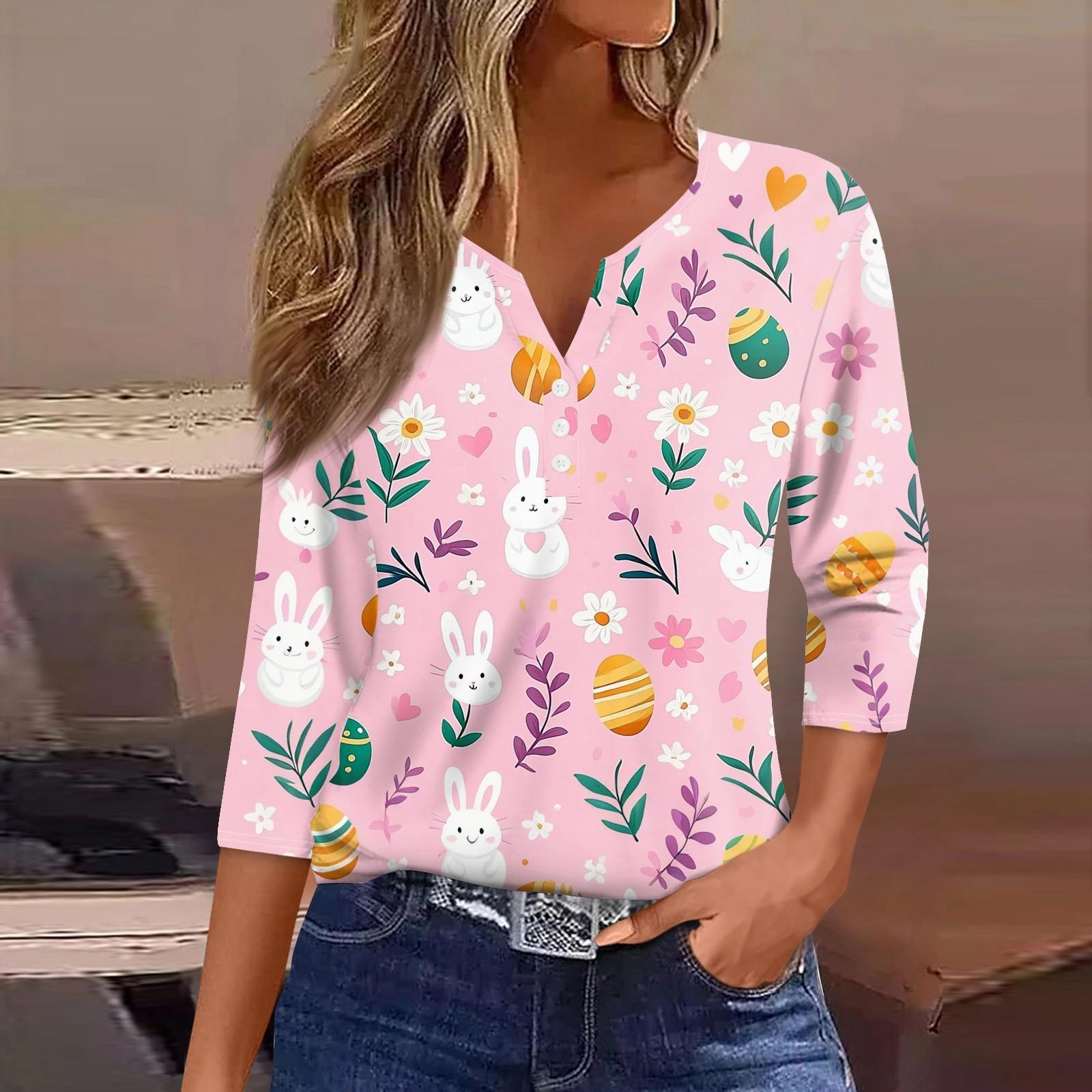 

Жен. Футболка С принтом Пуговицы Рукав 3/4 Повседневные Выходные Мода Классический Классический V-образный вырез Обычный Верх M розовый