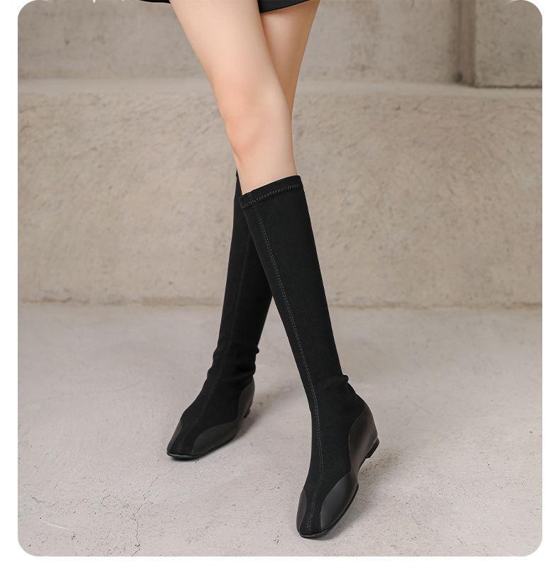 Square head high boots women's 2025 new autumn and winter knight boots flat bottom boots elastic boots socks boots stacking boots