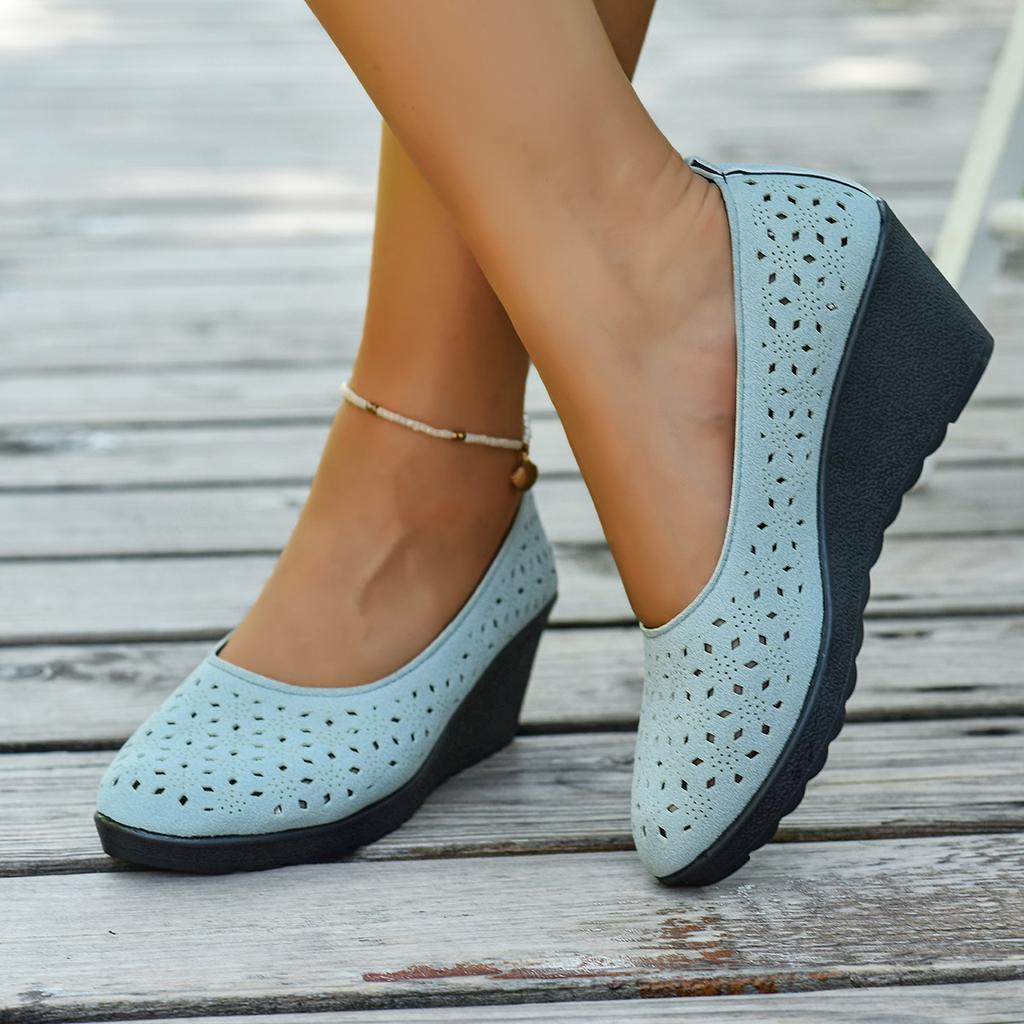 Fashion Hollow Out Breathable Single Shoes Summer New Slip On Round Toe Shallow PU Leather Soft Sole Mid Heel Pumps Zapatos De Mujer